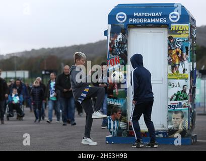 Brighton and Hove, England, 6th November 2021.Young Brighton fans play football outside the stadium ahead of the Premier League match at the AMEX Stadium, Brighton and Hove. Picture credit should read: Paul Terry / Sportimage Stock Photo