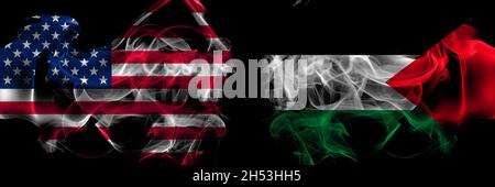 United States of America vs Palestine, Palestinian smoke flags placed side by side Stock Photo