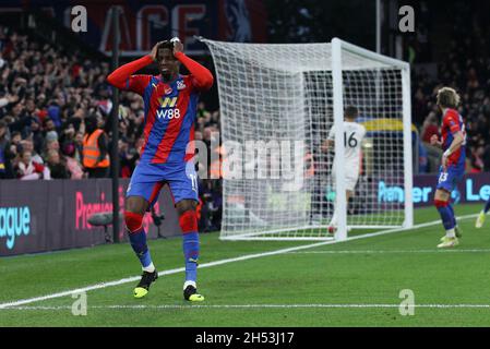 London, UK. 06th Nov, 2021. Wilfried Zaha of Crystal Palace scores but believes it to be offside during the Premier League match between Crystal Palace and Wolverhampton Wanderers at Selhurst Park, London, England on 6 November 2021. Photo by Ken Sparks. Editorial use only, license required for commercial use. No use in betting, games or a single club/league/player publications. Credit: UK Sports Pics Ltd/Alamy Live News Stock Photo