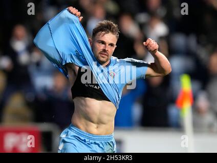 Coventry, England, 6th November 2021.Matthew Godden of Coventry City celebrates after scoring their third goal during the Sky Bet Championship match at the Coventry Building Society Arena, Coventry. Picture credit should read: Andrew Yates / Sportimage Stock Photo