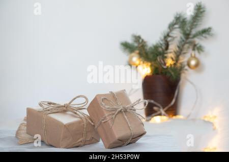 Christmas place setting with ribbon and christmas decorations Stock Photo