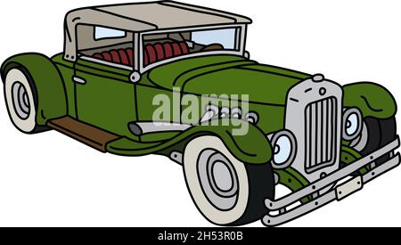 The vectorized hand drawing of a funny vintage green convertible Stock Vector