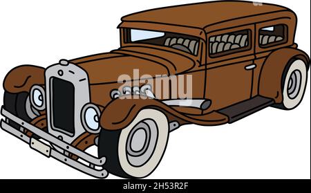 The vectorized hand drawing of a funny vintage brown sedan Stock Vector