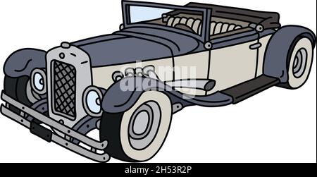 The vectorized hand drawing of a funny vintage blue and white convertible Stock Vector