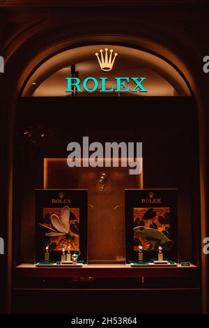 Advertising of Rolex watches in the window of a watch store in GUM