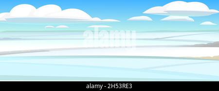 Rural distant horizon. Winter rural landscape with cold white snow and drifts. Beautiful frosty view of countryside hilly plain. Flat design cartoon Stock Vector