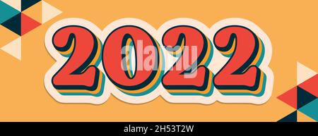 2022 new year retro graphic design banner, happy geometric calendar illustration, fun vintage style lettering stripped numeral art, colorful triangle Stock Photo