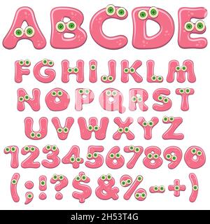 Pink jelly alphabet, letters, numbers and characters with green eyes. Isolated colored vector objects on white background. Stock Vector