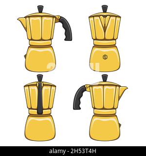 Set of illustrations of golden geyser coffee makers. Isolated vector colored objects on white background. Stock Vector