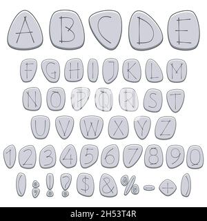 Alphabet, letters, numbers and signs on pebbles, runes. Isolated colored vector objects on white background. Stock Vector