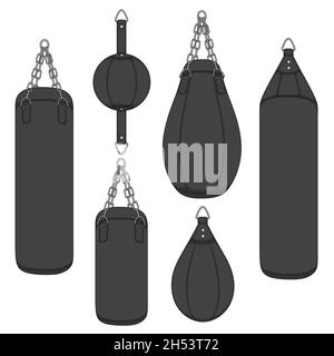 Set of color illustrations with a black punching bag, boxing pears. Isolated vector objects on white background. Stock Vector