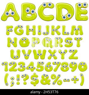 Jelly alphabet, letters, numbers and characters with blue eyes. Isolated colored vector objects on white background. Stock Vector