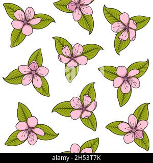 Seamless pattern with pink spring flowers. Color vector illustration with isolated objects on a white background. Stock Vector