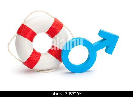 Male gender symbol and lifebuoy. isolated on white background. Stock Photo