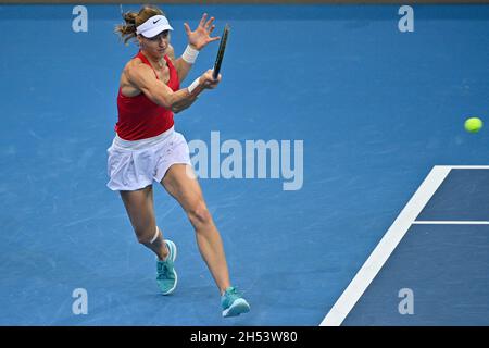 Prague, Czech Republic. 06th Nov, 2021. Liudmila Samsonova of Russia in action during the final match of the women's tennis Billie Jean King Cup (former Fed Cup) against Belinda Bencic of Switzerland in Prague, Czech Republic, November 6, 2021. Credit: Michal Kamaryt/CTK Photo/Alamy Live News Stock Photo