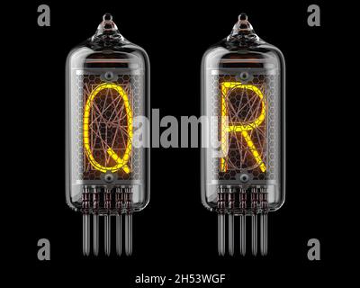 Nixie tube indicator. Letters q and r on black background. 3d illustration Stock Photo