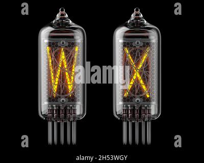 Nixie tube indicator. Letters w and x on black background. 3d illustration Stock Photo