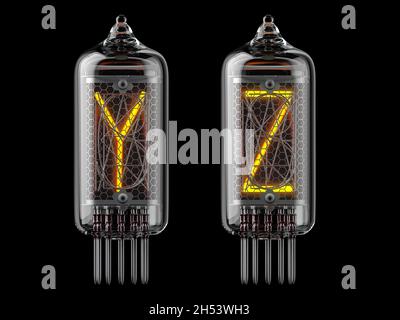 Nixie tube indicator. Letters y and x on black background. 3d illustration Stock Photo