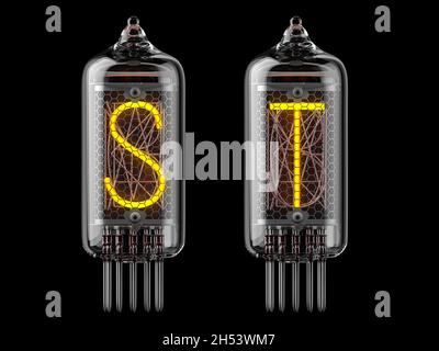 Nixie tube indicator. Letters s and t on black background. 3d illustration Stock Photo