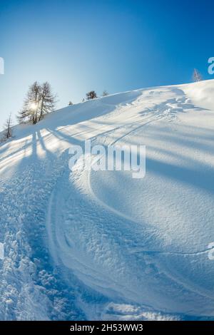 FRANCE. ALPES-MARITIMES (06) ISOLA 2000, OFF PISTE SKI TRAIL Stock Photo