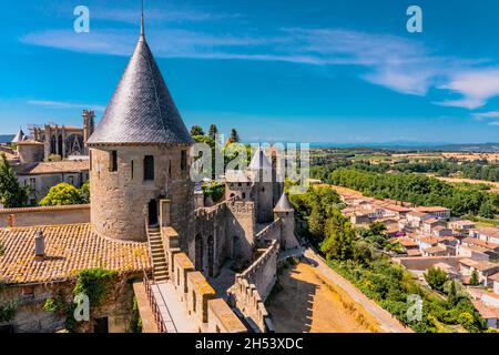 Panoramic View of medieval citadel Carcassonne from the castle walls of Carcassonne town. Ancient historical monuments of Europe on the South of France. High quality photo Stock Photo