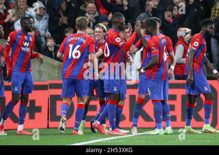 London, UK. 06th Nov, 2021. Conor Gallagher of Crystal Palace scores to make it 2-0 and celebrates during the Premier League match between Crystal Palace and Wolverhampton Wanderers at Selhurst Park, London, England on 6 November 2021. Photo by Ken Sparks. Editorial use only, license required for commercial use. No use in betting, games or a single club/league/player publications. Credit: UK Sports Pics Ltd/Alamy Live News Stock Photo