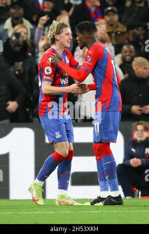 London, UK. 06th Nov, 2021. Conor Gallagher of Crystal Palace scores to make it 2-0 and celebrates during the Premier League match between Crystal Palace and Wolverhampton Wanderers at Selhurst Park, London, England on 6 November 2021. Photo by Ken Sparks. Editorial use only, license required for commercial use. No use in betting, games or a single club/league/player publications. Credit: UK Sports Pics Ltd/Alamy Live News Stock Photo