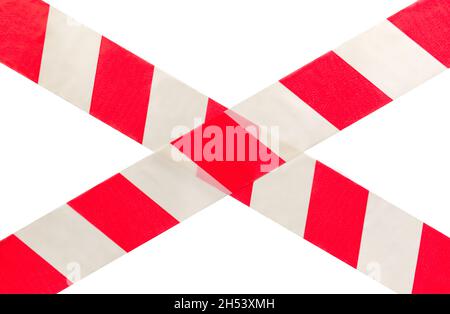 Danger zone, crossed red white warning tape isolated on white Stock Photo
