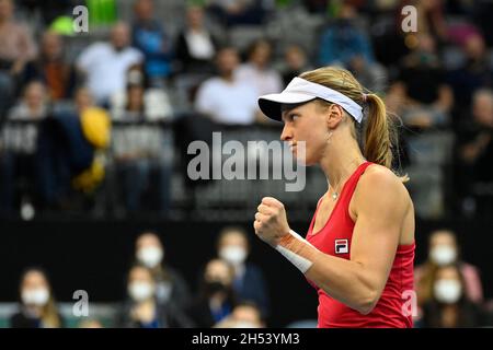 Prague, Czech Republic. 06th Nov, 2021. Liudmila Samsonova of Russia in action during the final match of the women's tennis Billie Jean King Cup (former Fed Cup) against Belinda Bencic of Switzerland in Prague, Czech Republic, November 6, 2021. Credit: Ondrej Deml/CTK Photo/Alamy Live News Stock Photo