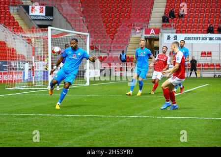 AESSEAL New York Stadium, Rotherham, England - 6th November 2021 Liam Trotter (16) of Bromley with a great clearance - during the game Rotherham v Bromley, Emirates FA Cup 2021/22, AESSEAL New York Stadium, Rotherham, England - 6th November 2021,  Credit: Arthur Haigh/WhiteRosePhotos/Alamy Live News Stock Photo