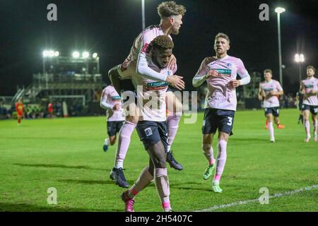 BANBURY, GBR. NOV 6TH Offrande Zanzala celebrates after scoring for Barrow, to extend their lead to make it 2 - 0 against Banbury United, during the FA Cup match between Banbury United and Barrow at the Banbury Plant Hire Community Stadium, Banbury on Saturday 6th November 2021. (Credit: John Cripps | MI News) Credit: MI News & Sport /Alamy Live News Stock Photo