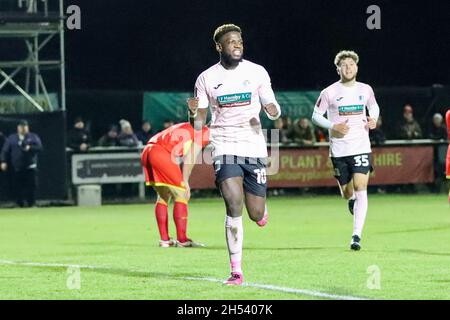 BANBURY, GBR. NOV 6TH Offrande Zanzala celebrates after scoring for Barrow, to extend their lead to make it 2 - 0 against Banbury United, during the FA Cup match between Banbury United and Barrow at the Banbury Plant Hire Community Stadium, Banbury on Saturday 6th November 2021. (Credit: John Cripps | MI News) Credit: MI News & Sport /Alamy Live News Stock Photo