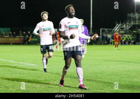 BANBURY, GBR. NOV 6TH Offrande Zanzala celebrates after scoring for Barrow, to extend their lead to make it 2 - 0 against Banbury United, during the FA Cup match between Banbury United and Barrow at the Banbury Plant Hire Community Stadium, Banbury on Saturday 6th November 2021. (Credit: John Cripps | MI News) Credit: MI News & Sport /Alamy Live News Stock Photo