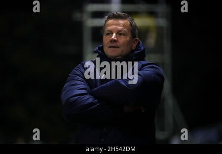 Barrow manager Mark Cooper during the Emirates FA Cup first round match at Banbury Plant Hire Community Stadium, Banbury. Picture date: Saturday November 6, 2021. Stock Photo