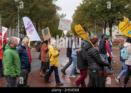 Cardiff, Wales, UK. 06th Nov, 2021. Climate crisis protesters in Cardiff city centre as part of coordinated global action during the COP26 summit in Glasgow, Scotland. Credit: Mark Hawkins/Alamy Live News Stock Photo