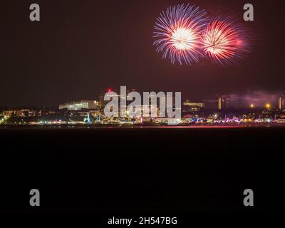 Sheerness, Kent, UK. 6th Nov, 2021. Southend on sea's spectacular sea front firework display as seen from Sheerness, Kent on the opposite side of the Thames Estuary. Credit: James Bell/Alamy Live News Stock Photo