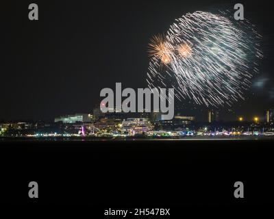 Sheerness, Kent, UK. 6th Nov, 2021. Southend on sea's spectacular sea front firework display as seen from Sheerness, Kent on the opposite side of the Thames Estuary. Credit: James Bell/Alamy Live News Stock Photo