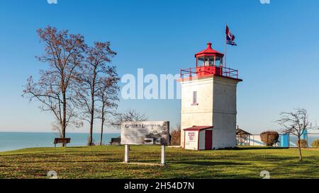 Goderich, Ontario, Canada - Nov 9, 2020: View at the lighthouse in Goderich. It is the oldest Canadian light station on Lake Huron, Ontario, Canada.