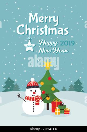 Snowman near Christmas tree with gifts poster. Merry Christmas and ...