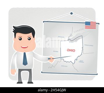 Man with a pointer points to a map of OHIO on a blackboard, eps 10 Stock Vector