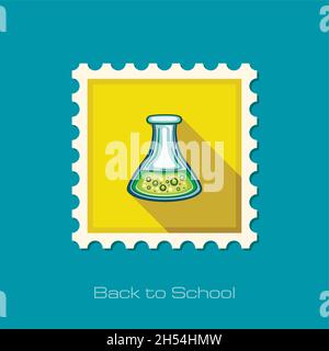Stamp Flat Design Education and Science Chemistry Bulb. Flat Style Colorful Flask Circle Icon. Biology Physics and Research Object. Stock Vector