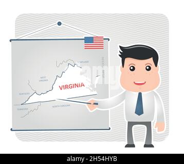 Man with a pointer points to a map of VIRGINIA on a blackboard, eps 10 Stock Vector