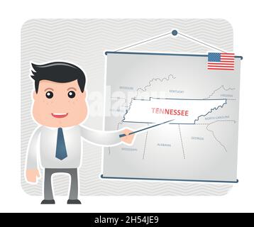 Man with a pointer points to a map of TENNESSEE on a blackboard, eps 10 Stock Vector