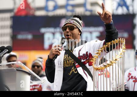 Atlanta, USA. 05th Nov, 2021. Second Baseman Ozzie Albies addresses fans at a ceremony after a parade to celebrate the World Series Championship for the Atlanta Braves at Truist Park in Atlanta, Georgia on November 5, 2021. Credit: Sanjeev Singhal/The Photo Access Credit: The Photo Access/Alamy Live News Stock Photo