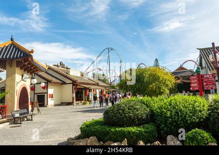 PORT AVENTURA, SPAIN - october 31, 2021. Attractions of the theme park Port Aventura. City of Salou, Catalonia, Spain. Stock Photo