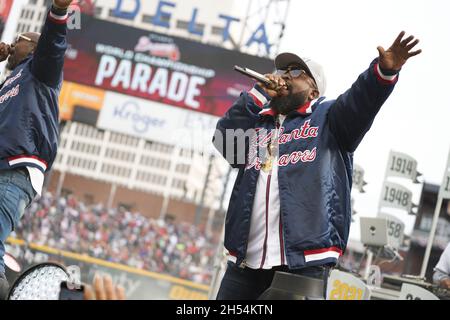 Atlanta, USA. 05th Nov, 2021. Big Boi performs at a ceremony after a parade  to celebrate the World Series Championship for the Atlanta Braves at Truist  Park in Atlanta, Georgia on November