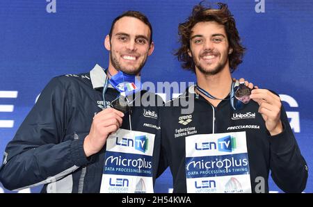 SZABO Szebasztian HUN Hungary Gold MedalRIVOLTA Matteo ITA Italy Silver Medal CECCON Thomas ITA Italy Bronze Medal 50m Butterfly Men Podium Kazan - Russia 06/11/2021 Aquatics Palace  LEN European Short Course Swimming Championships Photo Andrea Staccioli / Deepbluemedia / Insidefoto Stock Photo