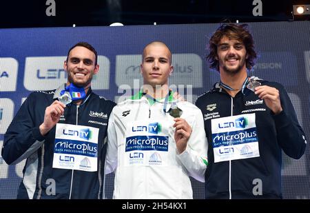 SZABO Szebasztian HUN Hungary Gold MedalRIVOLTA Matteo ITA Italy Silver Medal CECCON Thomas ITA Italy Bronze Medal 50m Butterfly Men Podium Kazan - Russia 06/11/2021 Aquatics Palace  LEN European Short Course Swimming Championships Photo Andrea Staccioli / Deepbluemedia / Insidefoto Stock Photo