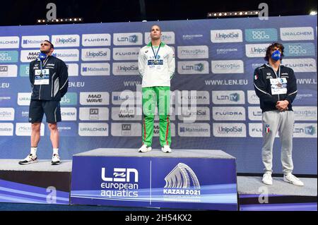 SZABO Szebasztian HUN Hungary Gold MedalRIVOLTA Matteo ITA Italy Silver Medal CECCON Thomas ITA Italy Bronze Medal 50m Butterfly Men Podium Kazan - Russia 06/11/2021 Aquatics Palace  LEN European Short Course Swimming Championships Photo Andrea Staccioli / Deepbluemedia / Insidefoto Stock Photo