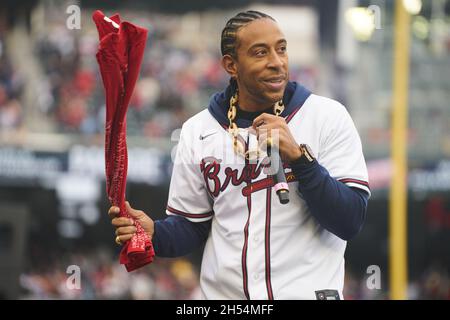 Atlanta, USA. 05th Nov, 2021. Pitcher AJ Minter addresses fans at a  ceremony after a parade to celebrate the World Series Championship for the  Atlanta Braves at Truist Park in Atlanta, Georgia
